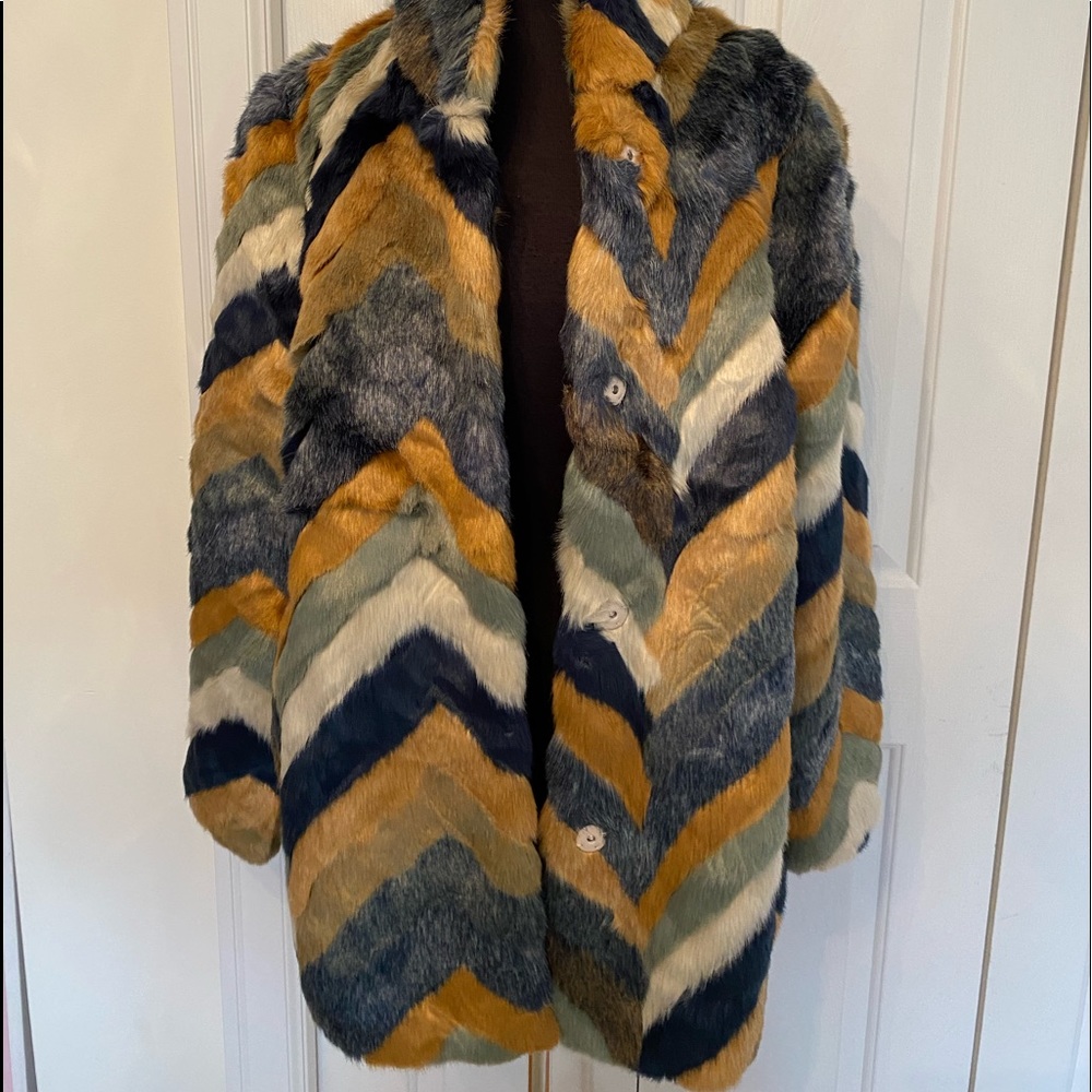 H&M STUNNING multi colored faux fur jacket NWT Size 8